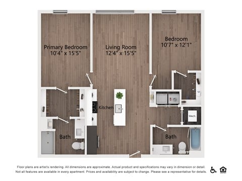 Floor plan for 2 beds, 2 baths, 1038 sqft